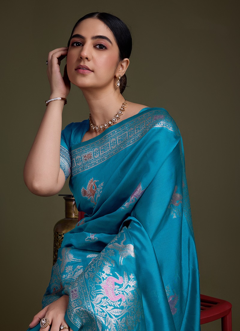 Aqua Blue Pure Premium Soft Silk Pichwai Nature Zari Weaving Saree